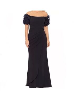 Xscape Navy Blue Off-Shoulder Evening Gown with Floral Puff Sleeve Detail
